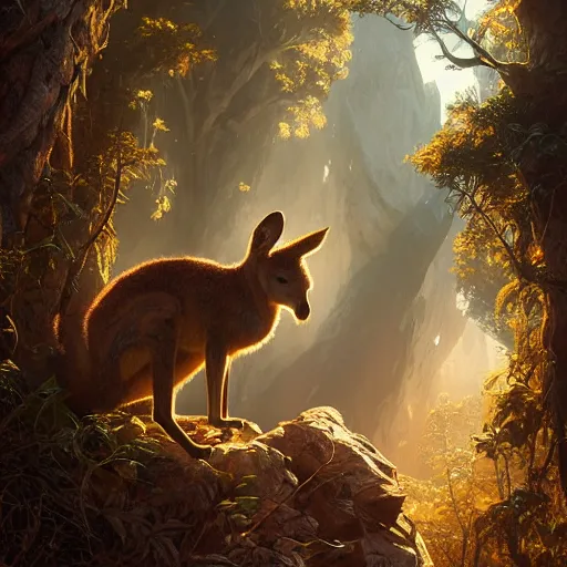 Image similar to Highly detailed portrait of Kangaroo wearing oakleys, Stephen Bliss, unreal engine, fantasy art by Greg Rutkowski, Loish, Rhads, ferdinand knab, Makoto Shinkai and Lois van baarle, ilya kuvshinov, rossdraws, Tom Bagshaw, alphonse mucha, global illumination, radiant light, detailed and intricate environment