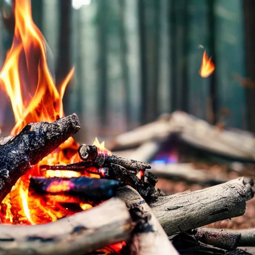 Image similar to closeup of a campfire in an ominous forest burning voodoo dolls, photography