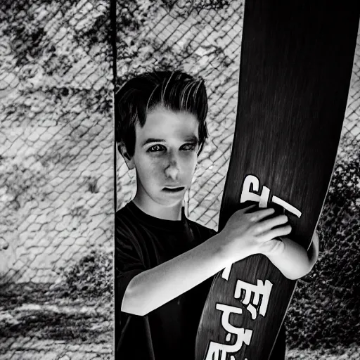 Prompt: medium shot teenager holding skateboard, double exposure, portrait