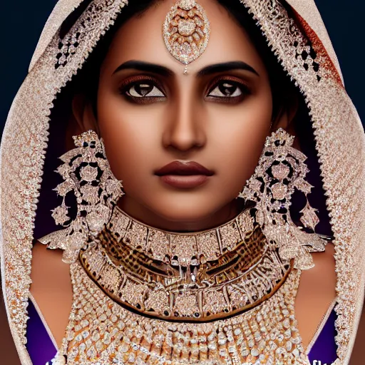 Image similar to portrait of wonderful hindi princess of diamond with dark skin, ornate with diamonds, 8 k, gorgeous, intricate, detailed, glowing white accent lighting, dramatic lighting, octane render