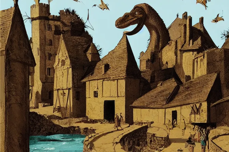 Prompt: a medieval village where the castles and cabins are tortoises crocodiles and other reptilians. style of rhads and william kentridge