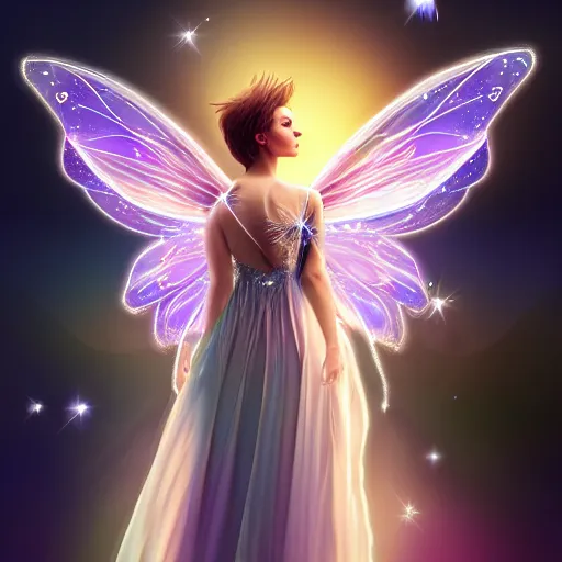 Prompt: majestic fairy with luminous transparent wings, circle aura around wings, in the dark sky, ultra detailed face and eyes, long tail dress, centered, medium detailed, medium lighting, background starts, cinematic, sharp focus by concept art, masterpiece, wisdom, fear, horoscope gemini, 8 k hd resolution, artstation