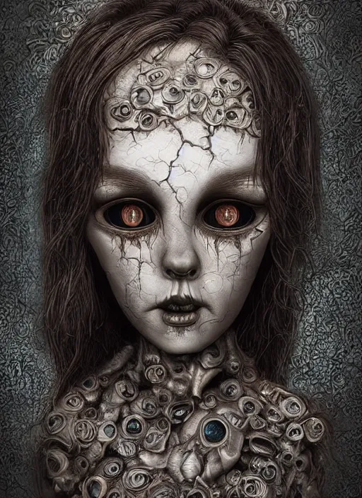 Prompt: portrait of a creepy sculpture, doll eyes, intricate, highly detailed, smooth, digital illustration, the dark and quirky art of scott radke