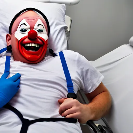 Image similar to confused laughing clown lying in hospital bed with wrist restraints on, restraint fabric straps attached to hospital bed, photograph, 8 k