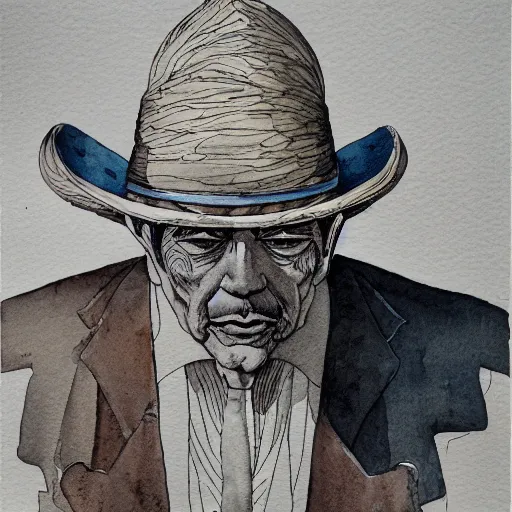 Prompt: a 3 / 4 view watercolor ink painting of old old mexican magician closes eyes, gray haired, in the style of jean giraud in the style of moebius trending on artstation deviantart pinterest detailed realistic hd 8 k high resolution