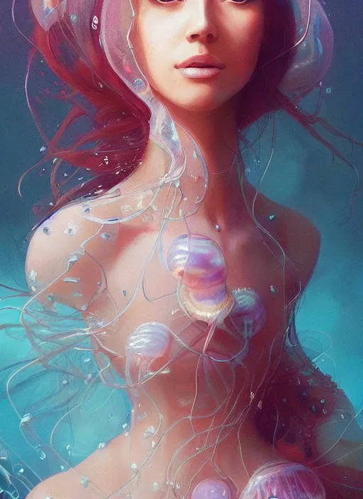 Prompt: a beautiful woman in a jellyfish themed dress. beautiful highly detailed face, looking directly at the viewer. painting by artgerm and greg rutkowski and magali villanueve.