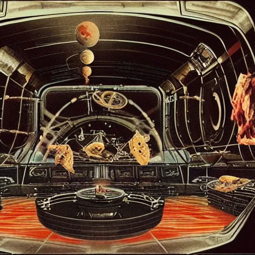 Prompt: a space station made from metal , guitars and meat on the background of deep space, matte painting with photorealistic elements pasted in, high contrast, could be art by Dali