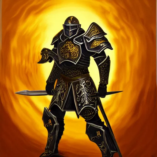 Image similar to A highly detailed matte acrylic painting of a heavily armored paladin wielding a very bright glowing gold sword, fighting in a huge battle at dusk.