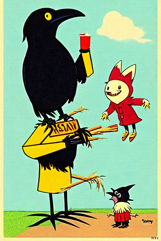 Prompt: by richard scarry. a raven laughing at a scarecrow. a 1 9 5 0 s retro illustration. studio ghibli. muted colors, detailed