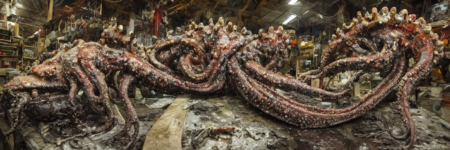 Image similar to low wide angle photo taken of an epic intricate, ultra detailed, super realistic gritty, hero prop, exquisitely painted animatronic movie prop of a wet slimy grotesque nightmarish hellish mutant cephalopod creature displayed in the workshop, created by weta workshop, full body shot, photorealistic, sharp focus