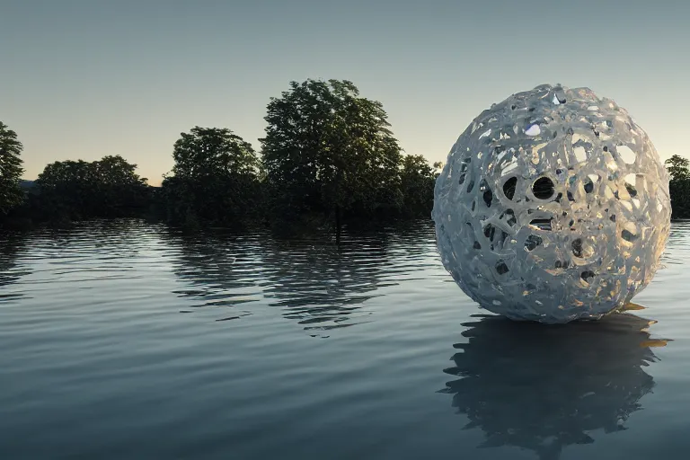 Image similar to the big skum white building formed by the intersection of many white egg shaped spherical spaces, on the calm lake, people's perspective, future, interior wood, marble, award winning, highly detailed 4 - k art, dusk, unreal engine highly rendered, global illumination, radial light, internal environment