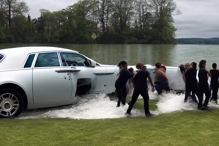 Image similar to Group of teenagers push Rolls-Royce into lake from small slide