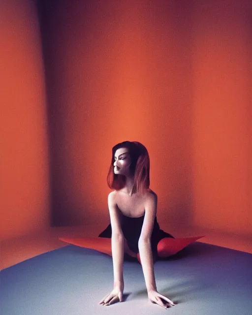 Image similar to expressively dancing on a bold James Turrell lit stage, a beguiling modern dancer dynamic Pantene gorgeous long luxurious hair flowing and flipping, high fashion photograph, isolated on vivid orangered, By Steven Meisel, by WLOP