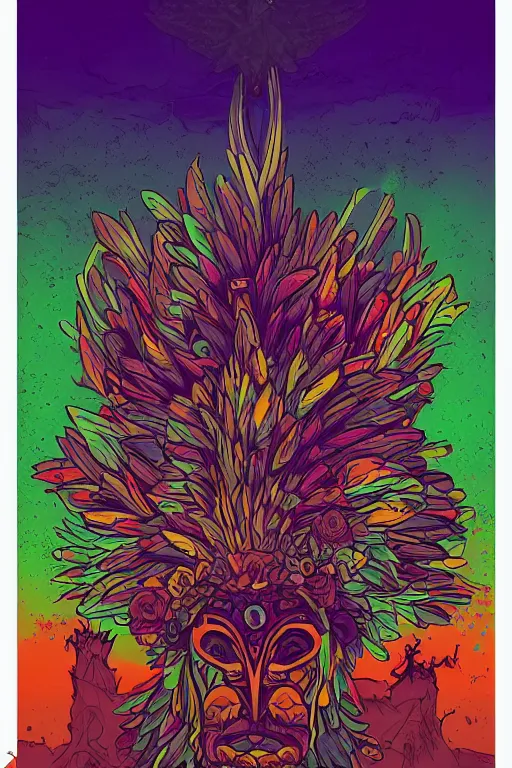 Image similar to animal mask totem roots flower tribal feather gemstone plant wood rock shaman vodoo video game vector cutout illustration vivid multicolor borderlands comics by josan gonzales and dan mumford radiating a glowing aura