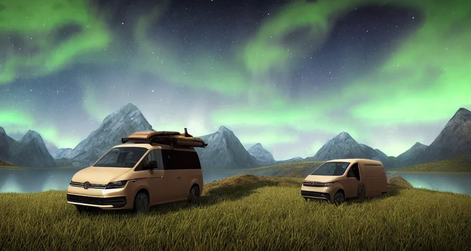 Image similar to An epic fantasy style landscape painting of a Mountainrange and a lake, with a starry sky and breathtaking aurora and a beige Volkswagen Caddy Campervan 4x4, unreal 5, DAZ, hyperrealistic, octane render, volumetric clouds dynamic lighting