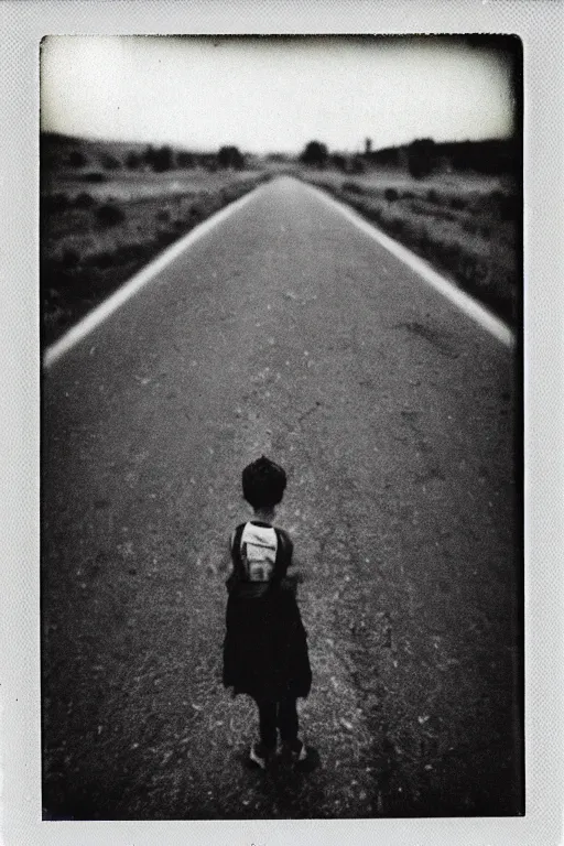 Image similar to photo polaroid of a sad and lonely child stands in the middle of a road, by the roadside many tents of field hospitals, pandemic, covid,loneliness, black and white ,photorealistic, 35mm film,