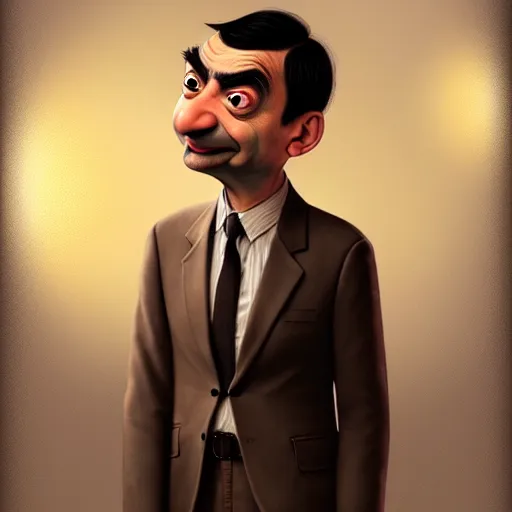 Prompt: mr. bean depicted as a muppet, atmospheric lighting, painted, unreal engine 5, highly detailed by charlie bowater