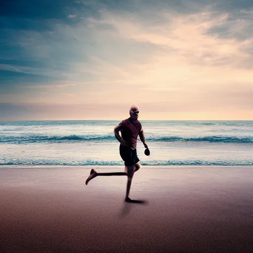 Image similar to Walter White running on the beach, artistic, 8k, cinematic, accurate, symetric, face, dramatic lighting, pastel colours