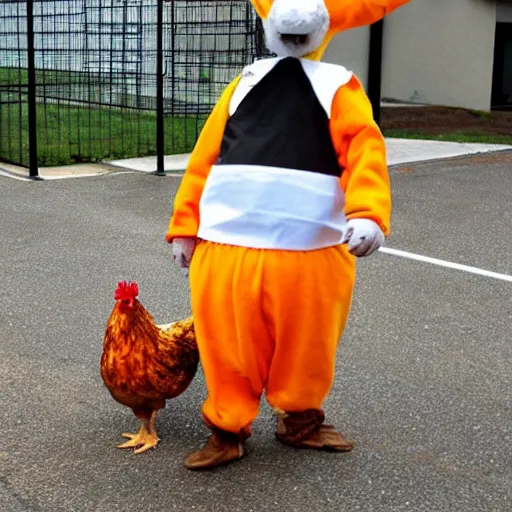 Image similar to real chicken dressed as an inmate on a jail