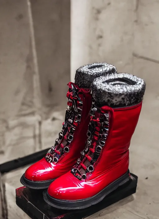 Image similar to hyperrealistic and heavy detailed moncler boots of whole lotta red by playboi carti, leica sl 2 5 0 mm, vivid color, high quality, high textured, real life