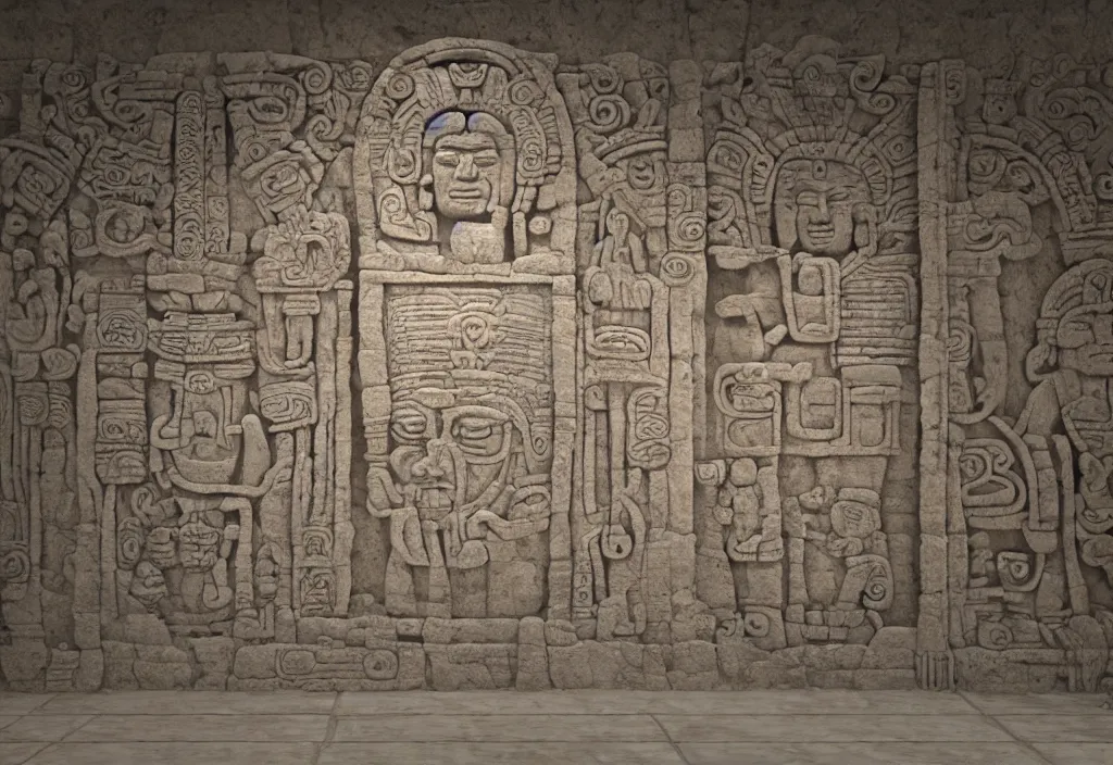 Image similar to a mayan temple interior with symmetric recogniseable giant face portrait of a mayan god-emperor in the center Carved in stone relief style behind an ancient altair of sacrafice. 3d render. Realistic. Well Detailed. Torch light. Omnious, intricate.