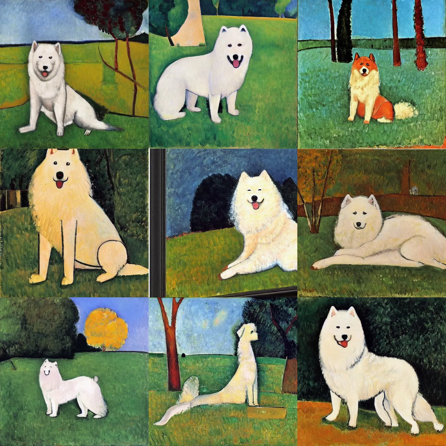 Prompt: a samoyed dog sitting in the middle of sunny meadow, by amedeo modigliani