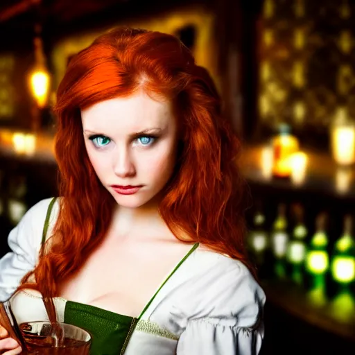 Prompt: beautiful bar maid with auburn hair and green eyes, in a medieval tavern at night, dramatic, cinematic, filmic