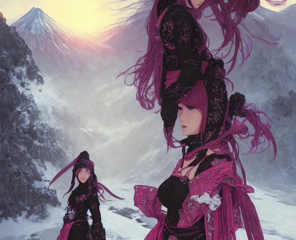 Image similar to portrait ninja gaiden girl, black plus little pink ninja wardrobe, at snowy fuji mountain sunrise, ssci - fi and fantasy, intricate and very very beautiful, detailed, digital painting, artstation, concept art, smooth and sharp focus, illustration, art by tian zi and wlop and alphonse mucha