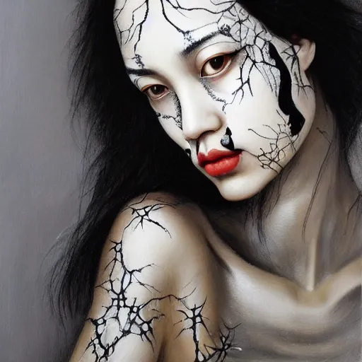 Prompt: Kiko Mizuhara body and face painted 100% silver all over, physically accurate, very very very dramatic dynamic lighting, intricate, elegant, highly detailed, digital painting, artstation, very hyperrealistic, HR GIGER, Hieronymus Bosch, Francis Bacon, concept art, smooth, sharp focus, illustration, very melancholy, very somber, very unnerving, unsettling, art by artgerm and greg rutkowski and alphonse mucha