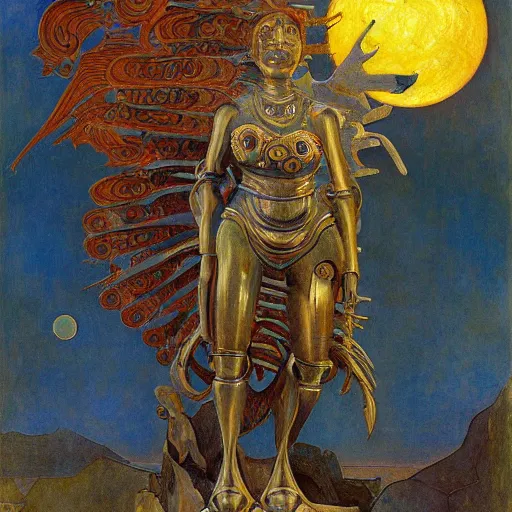 Image similar to sculpture of an ornate robot bird, by annie swynnerton and diego rivera and nicholas roerich and jean delville, symbolist, dramatic lighting, god rays, art brut, rich colors, smooth, sharp focus, extremely detailed, adolf wolfli, by janet fish and ( donato giancola and bilibin )