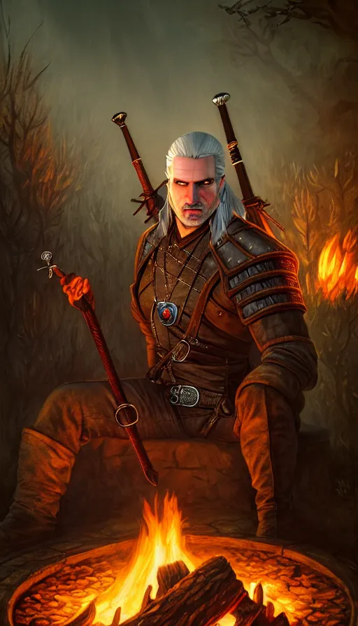 the witcher, the stalker, are sitting by the fire, | Stable Diffusion ...