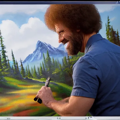 Image similar to a closeup photorealistic photograph of bob ross working on a canvas painting of deadpool. film still. brightly lit scene. mountains and trees. this 4 k hd image is trending on artstation, featured on behance, well - rendered, extra crisp, features intricate detail, epic composition and the style of unreal engine.