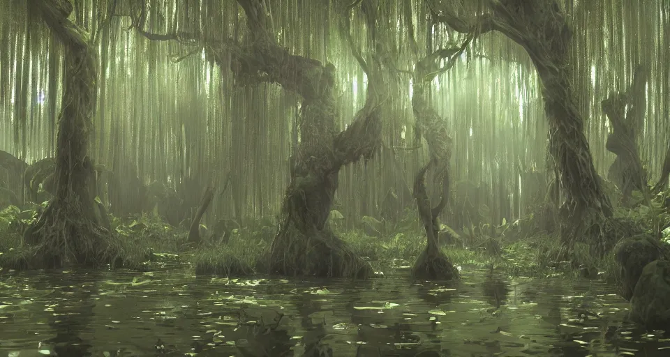 Prompt: A dense and dark enchanted forest with a swamp, from Kenshin