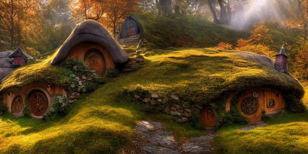 Image similar to a hobbit cottage on top of a steep hill, highly detailed, autumn sunlights, smoky atmosphere, ( ray of sunlight ), trending on artstation, photorealism, canon 5 d, 3 5 mm lens, sharp details, 8 k, ultra wide angle, zenith view, lens effect