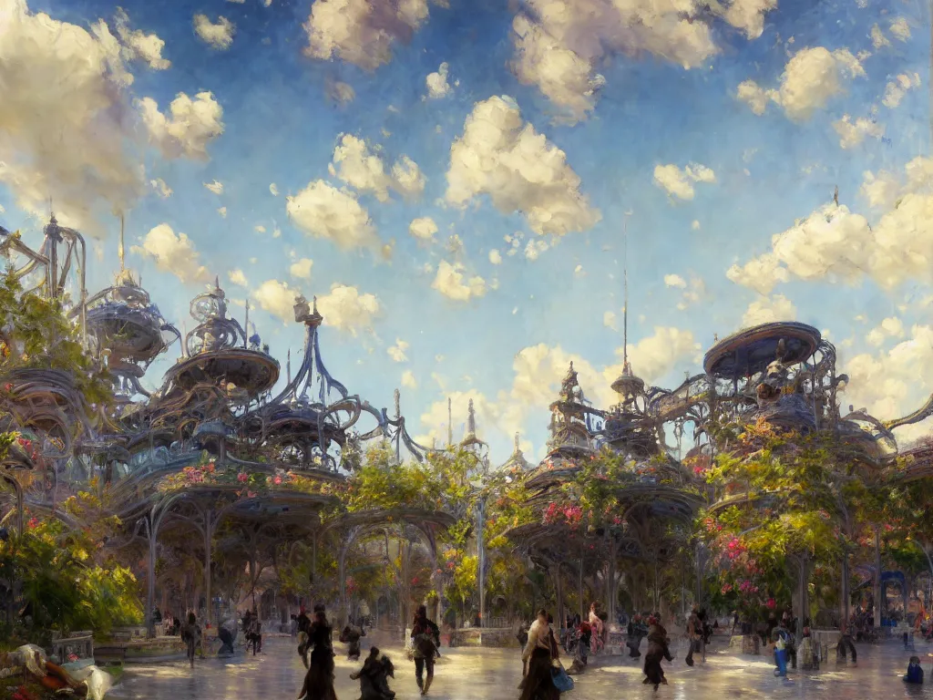 Prompt: impressionist brushstrokes!!!! solomon joseph solomon and richard schmid and jeremy lipking victorian loose genre loose painting of a busy elaborate ornate outdoor sci - fi park, cinematic, shadows, partly cloudy day, 4 k, detailed, by ( ( ( zaha hadid and beeple ) ) )