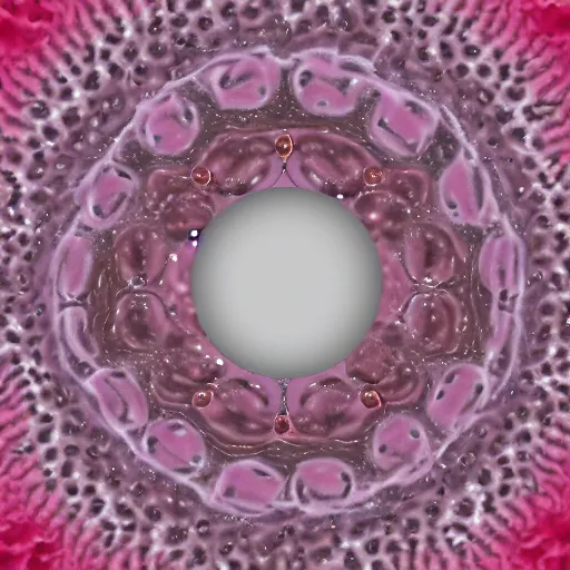 Image similar to white mink with big overfit necklace circle made of pink-dyed chromosomes and bacteria matte art hd 8k starring at camera symmetrical mink face bacteria chromosomes matte