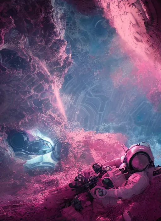 Prompt: pink concept art by craig mullins astronauts in futuristic dark and empty spaceship underwater. complex and hyperdetailed technical suit. mandelbulb fractal. reflection and dispersion materials. rays and dispersion of light. volumetric light. 5 0 mm, f / 3 2. noise film photo. flash photography. octane render. interstellar movie art