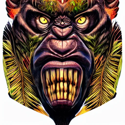 Image similar to barong family member, wiwek, mara demon, abstract, surreal, miami palm tree leaves, wild cat eyes, one single tribe member, jungle, one single mask, dark, ancient warrior, gorilla, king kong, scale skin, tribal, inner glow, art by dan mumford and justin gerard