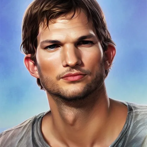 Image similar to a beautiful and detailed portrait of ashton kutcher in the movie cast away, viewed in profile from far away, ultrawide lens, art by artgerm and greg rutkowski and alphonse mucha, volumetric lighting, octane render, 4 k resolution, trending on artstation, masterpiece