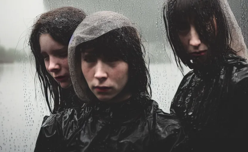 Image similar to cinestill 5 0 d candid photographic portrait by helen levitt of two loving female androids wearing rugged black mesh techwear in treacherous waters, extreme closeup, modern cyberpunk moody depressing cinematic, pouring rain, 8 k, hd, high resolution, 3 5 mm, f / 3 2, ultra realistic faces, ex machina