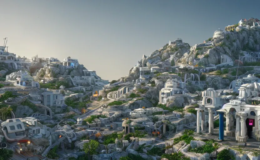 Prompt: futuristic robotic village with technology, white, purple roofs, ancient greek style, sci-fi, beams, tubes, pipes, built on a steep hill, on top of the hill is a futuristic greek temple, pillars, cyberpunk, cgi, in the style of Pixar, hyper realistic, Unreal Engine 5, octane render, trending on art station