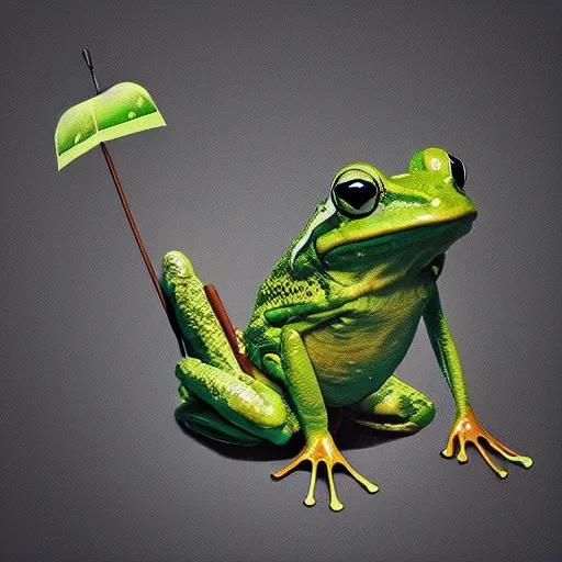 Prompt: “High quality surrealistic image of a frog with seven heads, holding an umbrella made of leaves above each one, Gentaro Komaki, artstation”