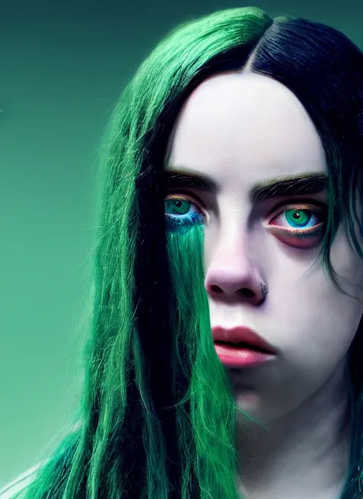 Image similar to Billie Eilish as female loki, goddess of mischief, hyper detail, hyper realistic, octane render, golden hour, gorgeous symmetrical face, elegant, by Gustave Courbet