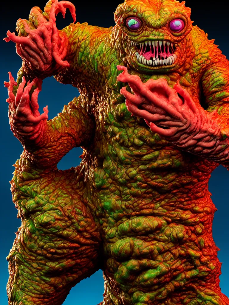 Image similar to hyperrealistic rendering, fat cronenberg flesh monster smooth kaiju by art of skinner and richard corben and jeff easley, product photography, action figure, sofubi, studio lighting, colored gels, rimlight, backlight