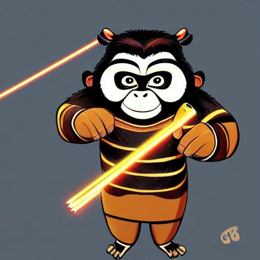 Image similar to “ portrait of a monkey in the style of kung fu panda holding laser gun, with a black background, digital art, award winning, trending on art station, retro style ”