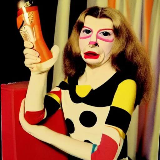 Image similar to 1974 woman on a television show with a long prosthetic snout nose, big nostrils, wearing a dress, 1974 French film color archival footage technicolor film expired film 16mm Fellini new wave John Waters Russ Meyer movie still