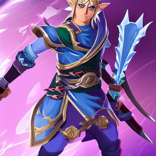 Image similar to link fierce deity as a character in the game league of legends, with a background based on the game league of legends, detailed face