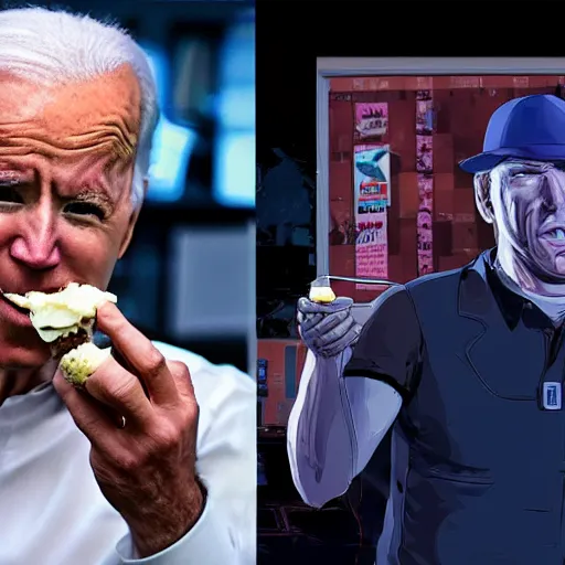 Image similar to joe biden eating ice cream, gta 5 loading screen, cyberpunk lighting