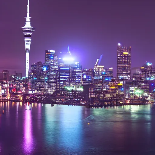 Image similar to auckland city at night, cyberpunk 2 0 7 7 style