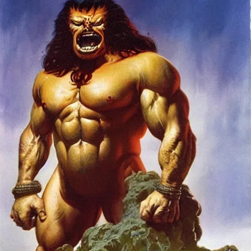 Image similar to hairy, heavy set, overbearing, hungry, menacing, giant painted by boris vallejo, frazetta